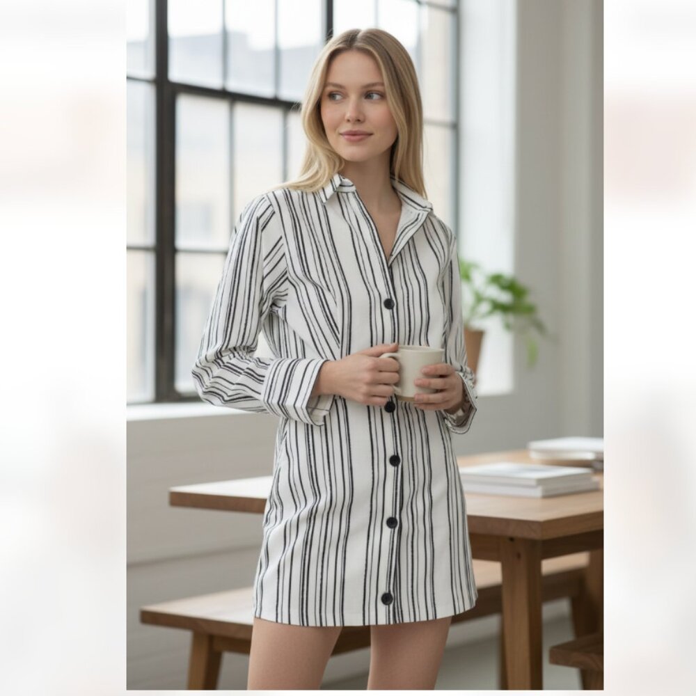 NWT H&M Linen-Blend Shirt Dress Striped